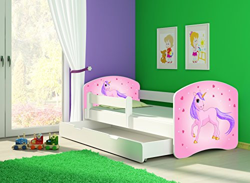 CLAMARO 'Fantasia Weiß' 180 x 80 Kinderbett Set inkl. Matratze, Lattenrost und mit Bettkasten Schublade, mit verstellbarem Rausfallschutz und Kantenschutzleisten, Design: 17 Einhorn