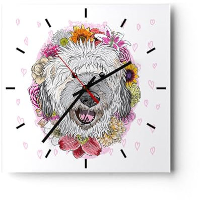 Modern Wanduhr Hund Blumen Kinder exotische 30x30cm Quadrat Klein Wand Uhr Glas Analog Zimmeruhren Küche Büro Wohnzimmer Glasuhr Wall Clock Dekoration Design Wanddekoration Küchenuhr C3AC30x30-3146