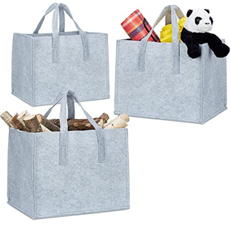 3X Kaminholzkorb aus Filz, 2 Griffe, zum Tragen, faltbar, belastbar, flexibel, Filzkorb, HxBxT: 35 x 43 x 37 cm, grau