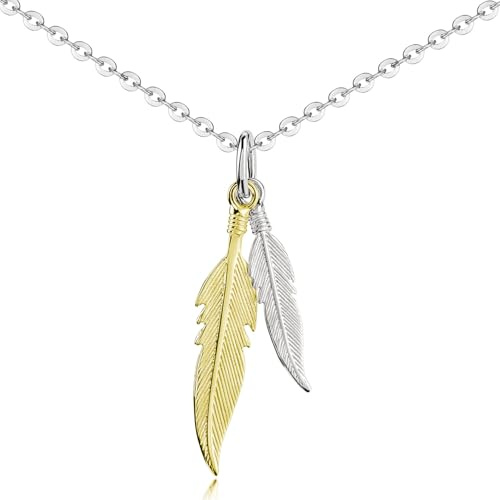 MATERIA Damen Kettenanhänger Feder 925 Sterling Silber Gold vergoldet bicolor mit Halskette #KA-132-Gold