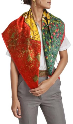 Prettystern Damen 90cm quadratisch großes Halstuch Kunstdruck 100% Seide Tuch - Gustav Klimt - Der Kuss Rot P575