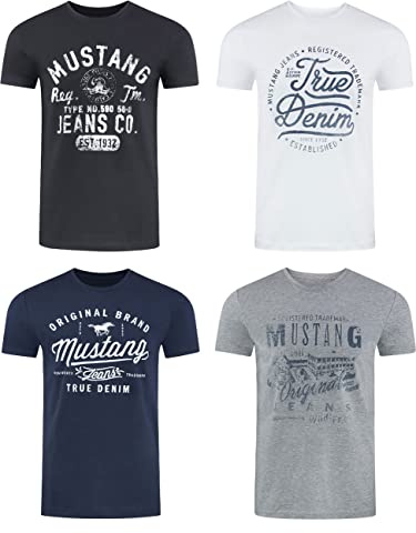 MUSTANG Tshirt Herren Baumwolle Regular Fit 4er Pack Set Rundhals Kurzarm Sommer Tee Shirt Logoprint, Größe:XL, Farbe:Farbmix (P10)