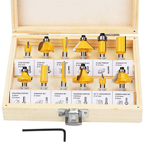 HSEAMALL 12 Pezzi Set Frese per Legno, attacco da 6,35 mm 1/4 '' Set di punte per router con punta in carburo di tungsteno