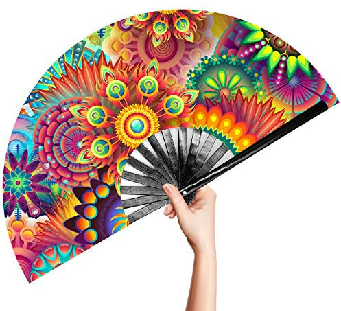 OMyTea Großer Bambus Rave Festival Faltbarer Handfächer für Männer/Frauen – Chinesischer japanischer mit Stofftasche elektronische Tanzmusik-Party, Aufführung, Dekorationen, Geschenk (Fantasy Flowers)