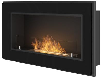 Bioethanol-Kamin für den Einbau an der Wand mit Schutzglas im Lieferumfang enthalten Gestell schwarz halbmatt aus Edelstahl (90cm)