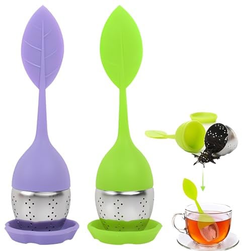 2Pcs Infuseur de Thé, Filtre Diffusseur, Passoire a Thé à Forme de Feuille de Thé, Infuseur Thé avec Soucoupe Boule a The en Silicone 100% Alimentaire & Passoire en Acier inoxydable (Violet + Vert)