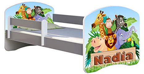ACMA Kinderbett Jugendbett mit Matratze Grau mit Rausfallschutz Lattenrost II Spielbett Kinderzimmer Möbel (02 Animals Name, 160x80)