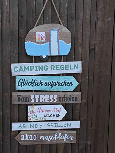 Dekoratives Schild Campingregeln Holz/MDF an Kordel Geschenk 75 cm