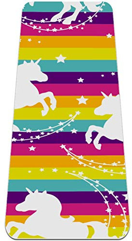 Eslifey Einhorn-Yogamatte mit buntem Regenbogen-Streifenmuster, dick, rutschfest, für Damen und Mädchen, Gymnastikmatte, weiche Pilates-Matten, 183 x 61 cm, 0,6 cm dick.