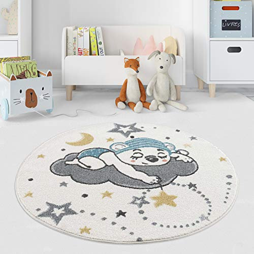 payé Teppich Rund Kinderzimmer - Cream - 160x160cm - Spielteppich Schlafender Süßer Kuschel Bär Wolken Mond und Sterne Kurzflor Kinderteppich - Oeko-Tex Standard 100