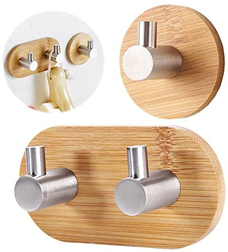 Selbstklebende Haken Holz Haken Selbstklebend 304 Edelstahl Handtuchhalter Holz Holz Bambus Wandhaken Selbstklebend Haken, Klebehaken für Wohnzimmer, Küche, Badezimmer, Schlafzimmer (klein + mittel)