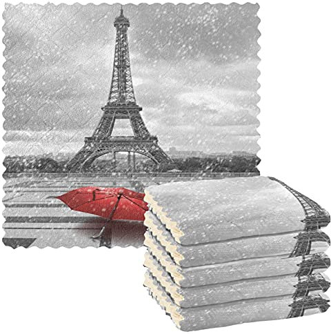 Mnsruu Lot de 6 torchons de cuisine Paris Tour Eiffel France avec parapluie rouge Séchage rapide Super doux 28 x 28 cm