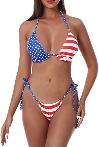 Ensemble de maillot de bain bikinis pour femmes maillot de bain triangle maillot de bain string cravate string, drapeau des états-unis, Taille S