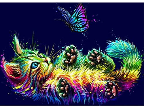 DAERLE Diamond Painting Set Katze Diamant Painting Bilder 5D Diamant Painting Painting Kinder DIY malen nach Zahlen Erwachsene Runden Diamanten Ideale Dekoration und Geschenk 40x30cm Schmetterling