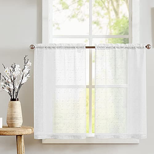 TOPICK Rideau Cuisine Voilage Court Moderne Brise Bise Voile Blanc L65 x H60 cm, Brise-Bise Translucide avec Motif Croisé à Passe Tringle, Décoration pour Placard Evier Fenetre Chambre Salon Lot de 2