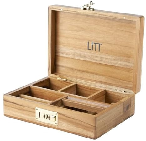 Litt Portable Teak Wooden Stash Box - Rolling Storage Set with Tray, Rolling Accessory with Lid - Rolling Accessories with Discreet Secure Storage - Handcrafted Compact Table Organiser (With Lock)