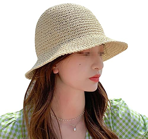 JIHUOO Women's Beige Straw Floppy Bucket Hat, Foldable Sun Visor Hat, Perfect for Summer, Beach, Travel