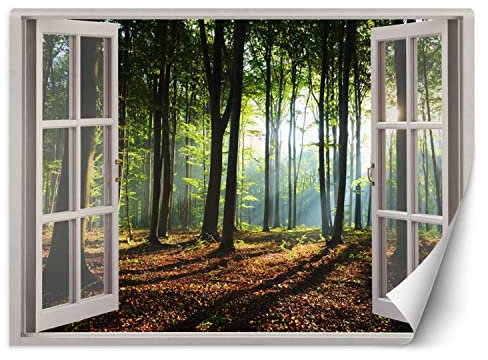 Feeby Carta da parati in vinile Premium Illusione 3D Alberi 140x100 cm XXL Decorazione Fotomurali Soggiorno Camera da letto Moderne Design Ufficio Corridoio Hotel Spa Design Bosco Sole verde