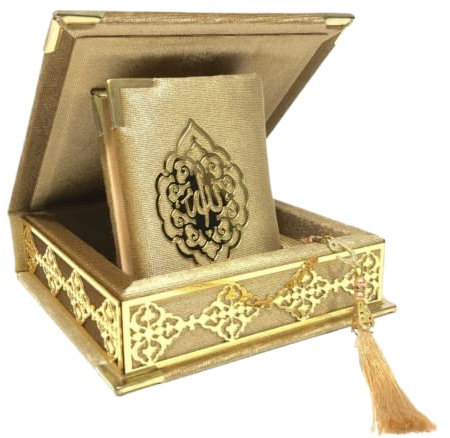 Prien Samt Koran Islam Tesbih Set, Islamische Geschenke für Eid Ramadan, Elegant Portabel Box, Muslim Wohnkultur Mit Frauen, Qur'an, Muslimische Gebetskette Für Moschee, Beten, Umrah (Gold)
