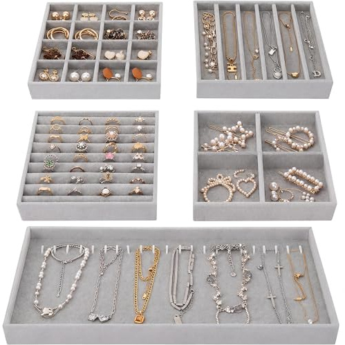 Fixwal Jewelry Organizers and Storage, 14in Stackable Jewelry Drawer Organizer, Set of 5 Jewelry Trays with Removable Dividers, Multi-Layer Tray for Earrings Necklaces Bracelets Watches, Grey