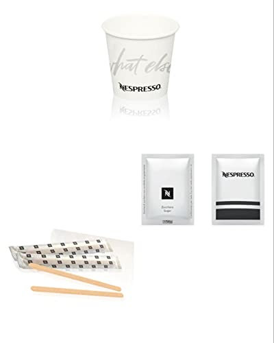 Nespresso Kit Accessori Caffè: 50 bicchierini di carta 110ml, 50 Palette in Bamboo e 50 bustine di zucchero bianco