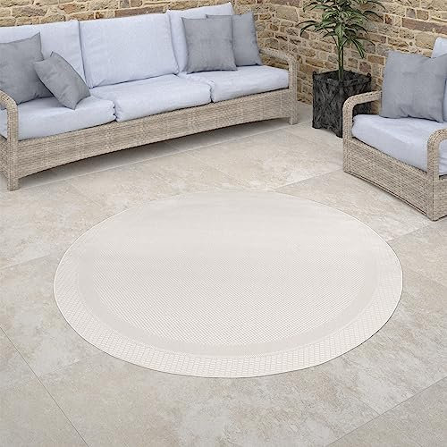 Paco Home Outdoor Teppich Rund Wohnzimmer Küchenteppich Balkon Wetterfest Moderne Geometrische Muster, Grösse:80 cm Rund, Farbe:Weiß