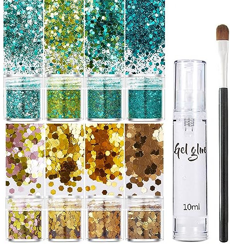 Body Glitter Cosmetic Glitter, Chunky Glitter Festival Accessories, Face Glitter Festival with Glue for Body, Cheeks, Hair, Stage, Halloween, Party - Includes Gel Glue and Brush(8 Colors Green Gold)