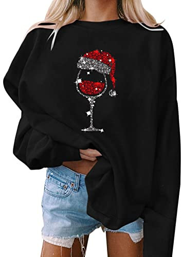Damen Pullover, Weihnachten, Druck, O-Ausschnitt, lässiges, lockeres Sweatshirt, Rundhalsausschnitt, passende Pullover, Tops, Langarm, Workout-Shirts Schnorchel Shirt Damen (Black, L)