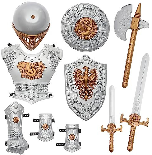 Kisangel Ritterkostüm Set 10-teilig: Mittelalter-Ausrüstung mit Helm & Schild für Kinder (4-12 Jahre) Halloween Karneval Rollenspiele