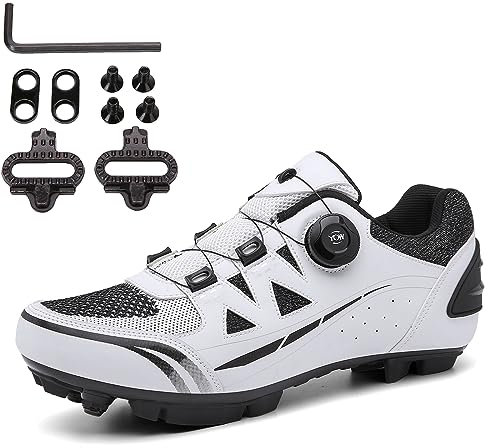 PENXZT MTB Schuhe Herren Fahrradschuhe Mountainbike Schuhe Kompatibel mit Shimano SPD 2-Bolts-Pedalen mit Stollen, für Rennschuhe in Innen- und Außenbereiche,Weiß,48 EU