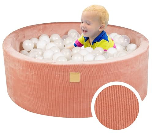 MEOWBABY Piscina de bolas suave para niños pequeños y bebés - Piscina de bolas para bebés de pana de 90 x 30 cm para interior/exterior con bolas incluidas 200 piezas - Albaricoque: blanco/transparente
