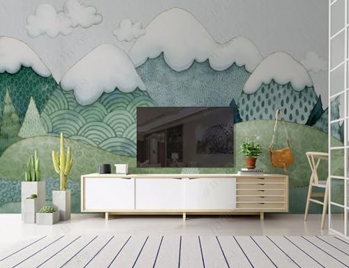 Fototapete 3D Effekt 3D Tapete Cartoon Landschaft Schnee Berg Nebel Kiefer Fototapete Wandgemälde Vlies Wohnzimmer Schlafzimmer Flur Wanddekoration 250(W) X175(H) Cm