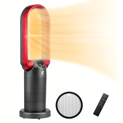 OceanLoong 1500W Space Heater & HEPA Air Purifier & Bladeless Tower Fan 3in1, ECO Ceramic Heater with Thermostat,9H Timer & 9Speeds Table Fan with Remote for Home Office Bedroom, 29”, Grey Red
