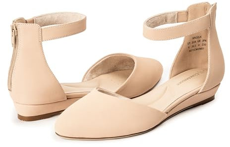 Cusolemore Knöchelriemen Frauen Flats, Nude Flats für Frauen mit niedrigem Keilabsatz, Dressy Bequeme Geschlossene Zehe Dress Schuhes Größe 38
