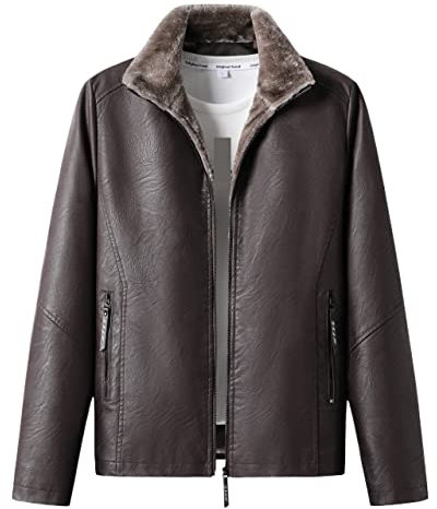 Veste de moto Mens Faux Leather Jacket Casual Fashion Lapel Fur Collar Bomber Jacket With Full Zip Vintage Long Sleeve Winter Fall Équipement de cyclisme (Color : Coffee, Size : L)