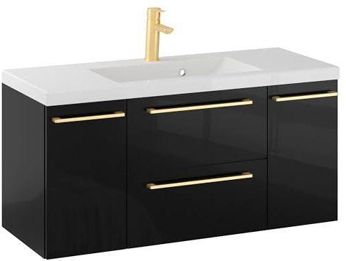 Furni Rosen 100 cm Hängend Waschbecken mit Unterschrank und Stilvollen und Goldenen Griffen Waschbeckenunterschrank Badezimmer Waschtisch mit Unterschrank Waschtischunterschrank