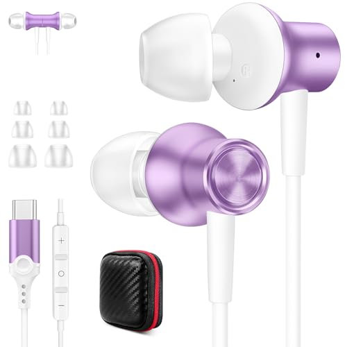 Jiunai Casque USB C pour iPhone 16 Pro Max - Écouteurs filaires de type C avec micro intra-auriculaire - Isolation magnétique du bruit - Écouteurs stéréo AUX audio filaires pour Samsung S25 S24 iPhone