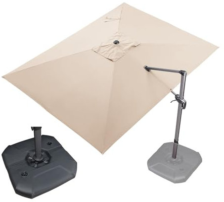 PURPLE LEAF Parasol de Jardin Extérieur 2,7 x 3,5 m avec Base, Inclus Base Croisée, Parasol Déporté avec 8 Baleines en Aluminium, UV 50+ pour Balcon Patio Terrasse, Beige