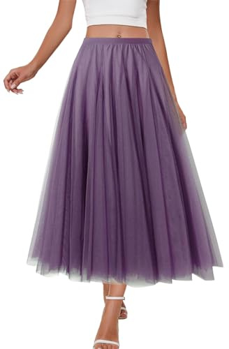 shownicer Damen Tüllrock Höhe Taille A Line Mesh Freizeit Fashion Skirt Spitze Rock Midi Plisseerock Lässig Frühlingsrock A Violett XL