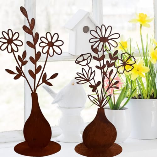 Terma Stahldesign Rost Figur Set Blumenstrauß in Vase 50cm Gartendeko für draußen und drinnen Gartendeko Frühling Rost Metall, rost außen