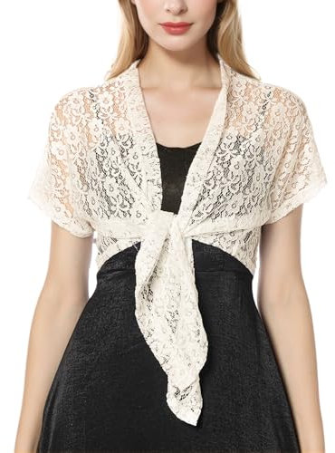 Lace Bolero Cardigans for Women, Casual Tie Front Boleros Shrug Cropped Top, Elegant Floral Lace Sheer Jacket for Dress Evening Wedding