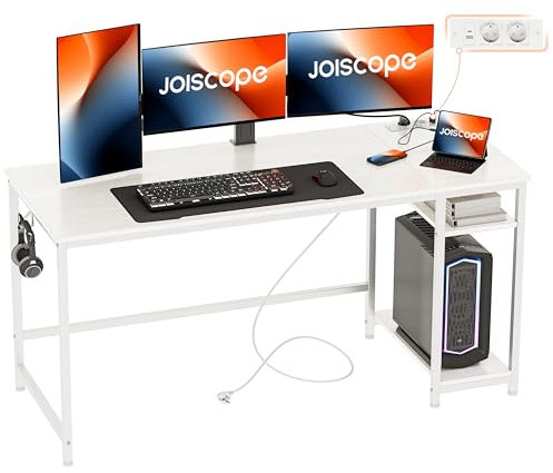 JOISCOPE Scrivania per Computer PC con Porta di Ricarica USB e Type-C, Scrivania Gaming con Ganci e Ripiani, Scrivania Bianca Minimalista, Scrivanie Moderne per Ufficio e Studio, 152x50x75cm, Bianca