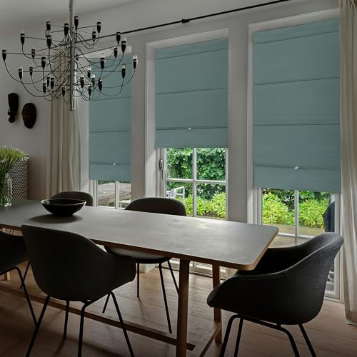 GoDear Design 99.99% Blackout Magnetic Roman Blinds for Windows, No Drill Cordless Woven Fabric for Bedroom, Living Room, French Doors, Thermal Insulated Door Window, 90 W x 165 L cm, Turquoise