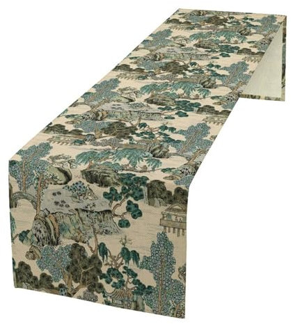 JanJCurt Tischläufer mit asiatischer Landschaft, orientalischer Vintage-Stil, Chinoiserie, Grün, Blaugrün, Berge, Kiefern, Tischläufer für Hochzeit, Party, Urlaub, Küche, Esszimmer, Zuhause,