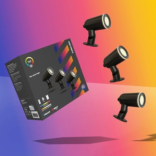 tint Smarte Outdoor LED Gartenspots Gartenstrahler 3er Set Flores GEN 3 mit Erdspieß, Farbwechsel RGB, ip44, 13 W, dimmbar, 9m Kabellänge, Zigbee, BT funktioniert mit Alexa & tint App