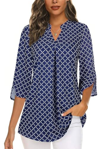 Flikity Plus Size Tops for Women UK 3/4 Sleeve Ladies Tops Work Office Clothes Dress Shirts Flowy V Neck Tunics Tops Business Attire Dressy Formal Professional Ladies Blouses Navy Blue XX-Large