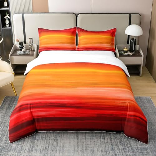 Loussiesd Orange Rot Druck Betten Set Farbverlauf Orange Bettwäsche Set 135x200cm 100% Baumwolle Romantisches Farb Bettbezug Set für Kinder Jungen Mädchen Gelb Dunkelrot Raumdeko