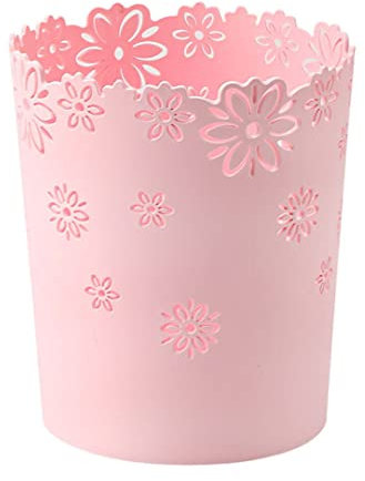 Liummrcy Mülleimer aus Kunststoff, hohler Papierkorb mit Blumen, runder Mülleimer ohne Deckel, rosa, Papierkörbe