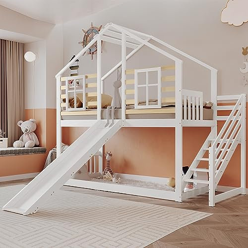 Ctastay Kinderbett Etagenbett 90x200 cm, Bett Hausbett Holzbett mit Rutsche & Treppe, Familienbett Spielbett mit Rausfallschutz & 1x Lattenrost, Weiß (Ohne Matratze)