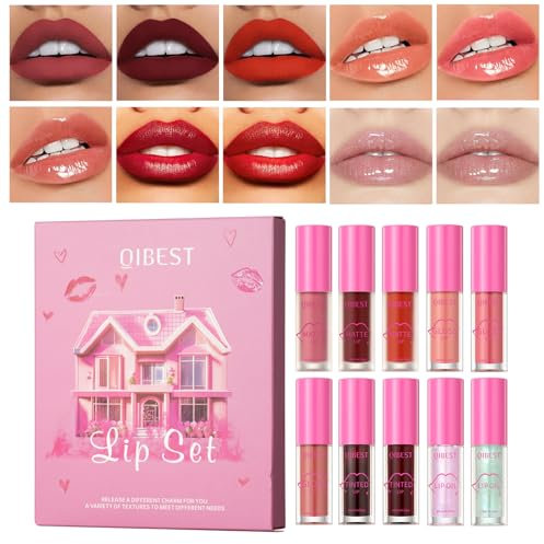 Gireatick 10-Teiliges Lipgloss-Kollektions-Make-up-Set, 3 Matte Lippenglosse + 3 Schimmernde Lippenglosse + 2 Lang Anhaltende Lippentinten + 2 Transparentes Lippenöl